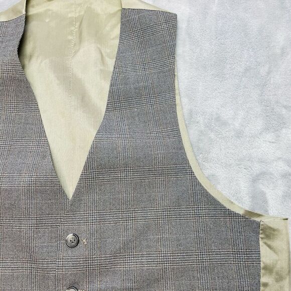 Classic Formal Waistcoat Vest Mens L Gray Tan Houndstooth Glen Plaid Wool - Picture 1 of 6
